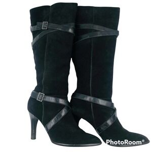 CALVIN KLEIN Black Suede Slip On Buckle Knee High Boots Size 9 BRANDY